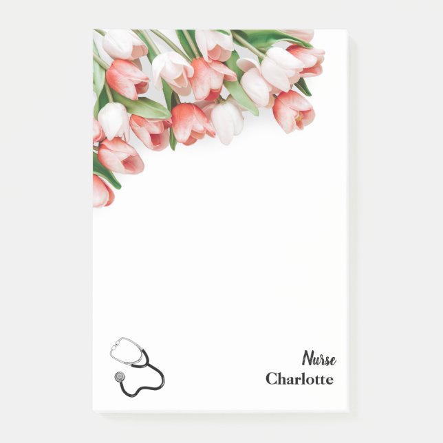 Post-it® Stéthoscope infirmière fleurs Tulipe Rose  (Devant)
