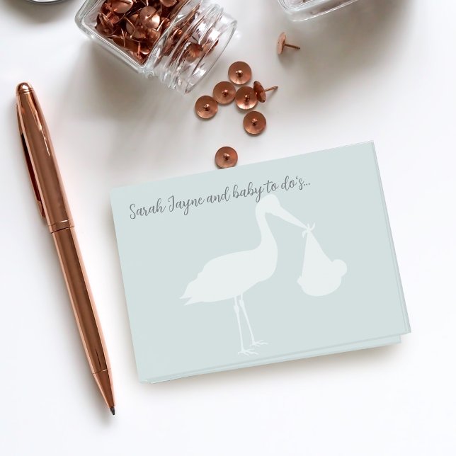 Post-it® Stork Baby shower Blue Post it Notes (Elegant stork dusty blue post it notes with space for your name)