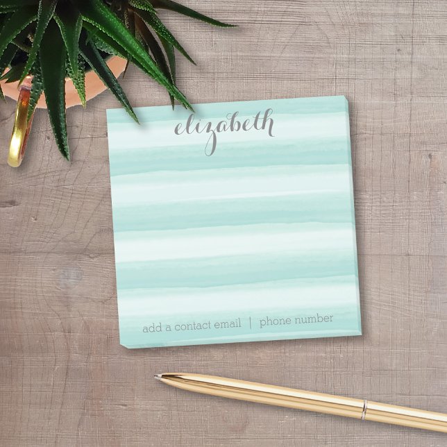 Post-it® Suite de papeterie Turquoise et gris Pastel pour f (Add your name to these personalized post-it notes with watercolor stripes.)