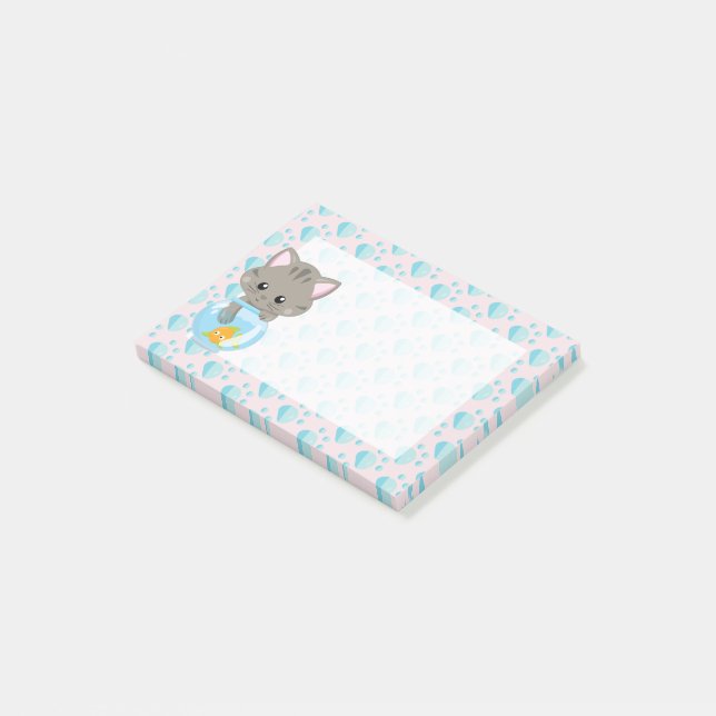 Post-it® Tabby chaton gris adorable avec bol de poisson (Incliné)