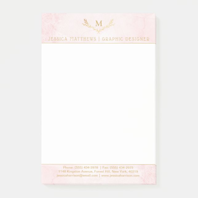 Post-it® Tendance Blush Rose & Or Foil Monogramme Wreath (Devant)