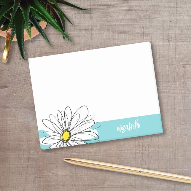 Post-it® Texte personnalisé Aqua et Jaune Whimsical Daisy (A whimsical daisy post-it note with an area to add your name)