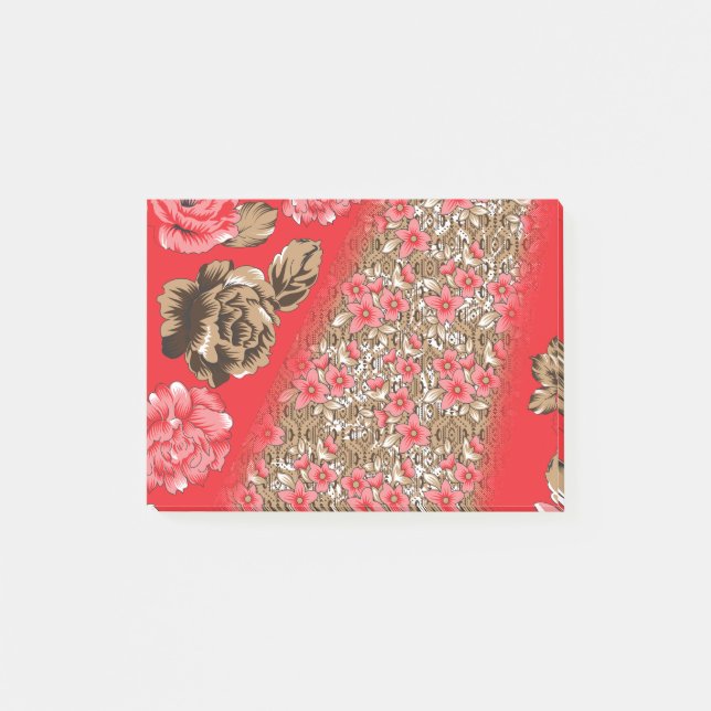 Post-it® Tissu rouge éclatant avec floral complexe et (Devant)