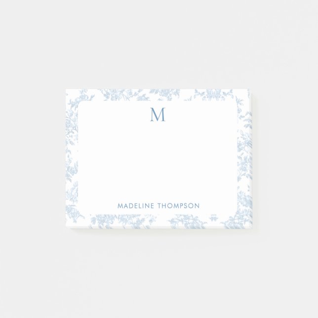 Post-it® Toile de Jouy Botanique Classique Monogramme Bleu  (Devant)
