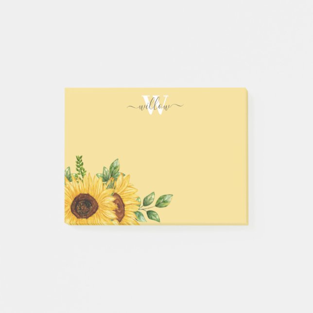 Post-it® Tournesol à l'aquarelle jaune avec Monogramme (Devant)