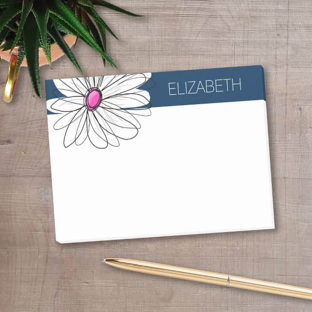Post-it® Trendy Daisy Floral Illustration - navy and pink (Personalized post-it notes with a monogram and whimsical daisy drawing - low quantity available)