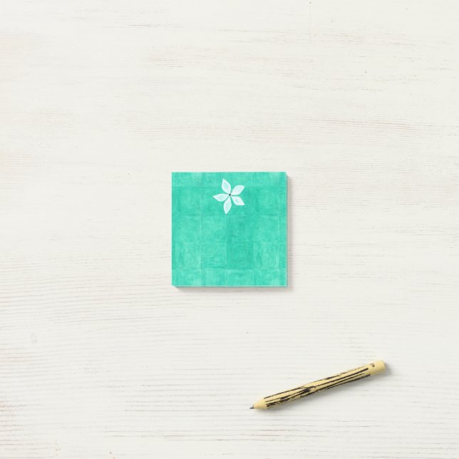 Post-it® Turquoise avec fleur blanche (Sur un bureau)