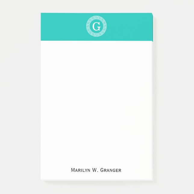 Post-it® Turquoise Blanc Clé grecque Cadre Ronde Monogramme (Devant)