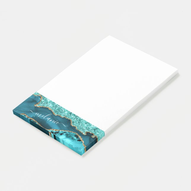 Post-it® Turquoise Blue Gold Turquoise Nom personnalisé Not (Incliné)