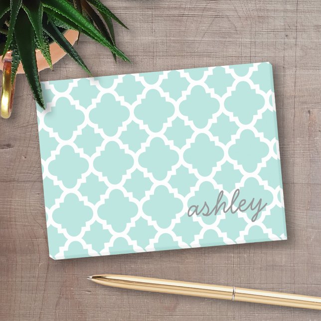Post-it® Turquoise Quatrefoil Motif Nom du script (Personalized Post-it notes - add your name and other text)