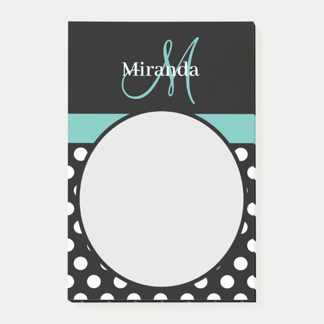 Post-it® Turquoise vert Monogramme noir blanc Polka point (Devant)