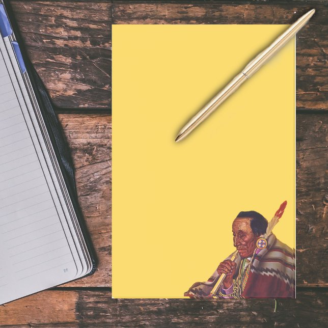 Post-it® Tuyauterie de paix vintage amérindienne (Native American in traditional clothing with peace pipe on bright yellow large post it notes.)