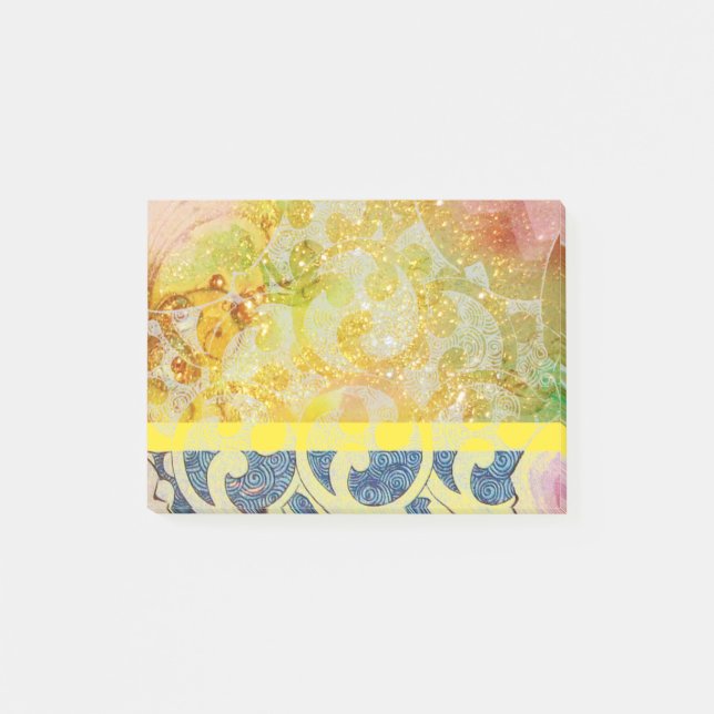 Post-it® VAGUES / Bleu Jaune brillant en étincelles d'or (Devant)