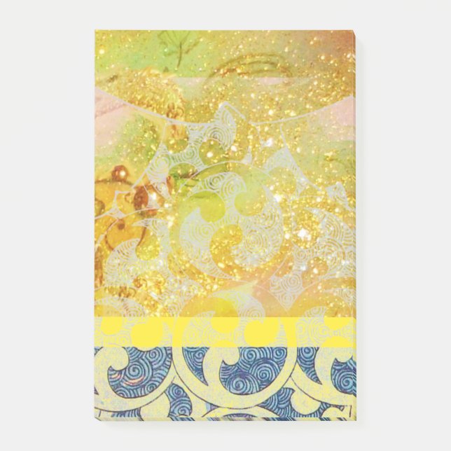 Post-it® VAGUES / Bleu Jaune brillant en étincelles d'or (Devant)