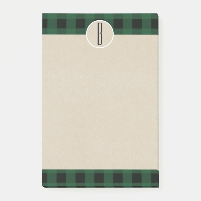 Post-it® Vert Noir Carreaux Kraft Rustique Monogramme Initi (Devant)