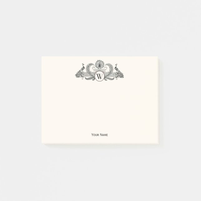 Post-it® Vintage Paons Monogramme Ivoire BG (Devant)