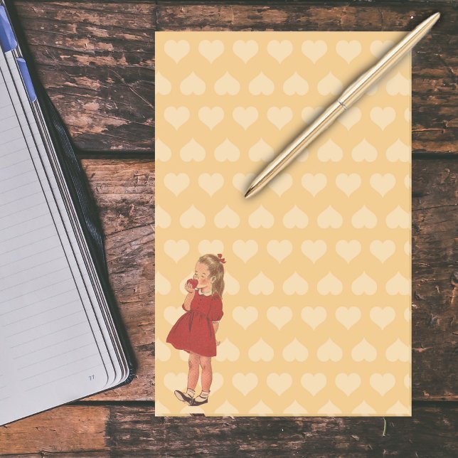 Post-it® Vintage petite fille rouge robe pomme (Little girl in red dress eating apple on hearts on yellow large post it notes.)