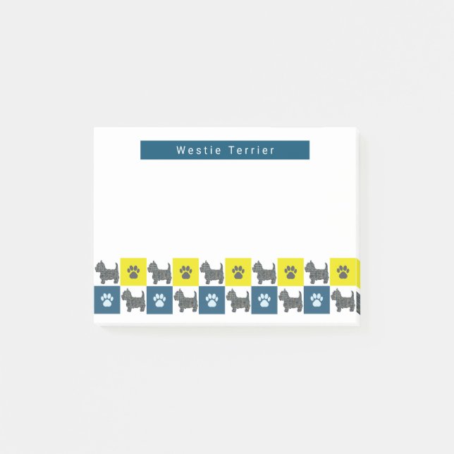 Post-it® Westie Terrier Chien & Paw Yellow &Blue Grid (Devant)
