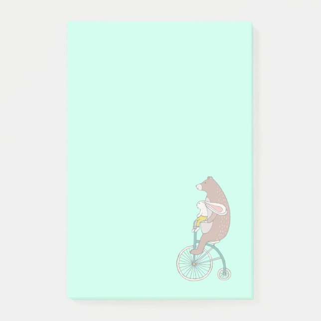 Post-it® Whimsical Bunny and Bear Riding a Bike (Devant)