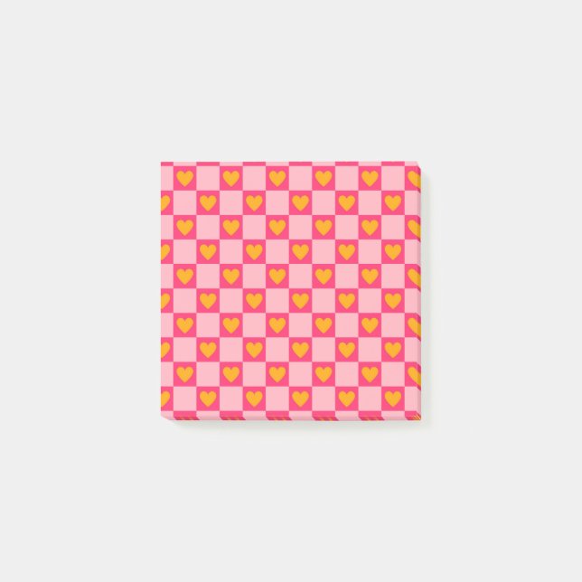Post-it® Whimsical rose Coeur rouge À damiers rétro (Devant)