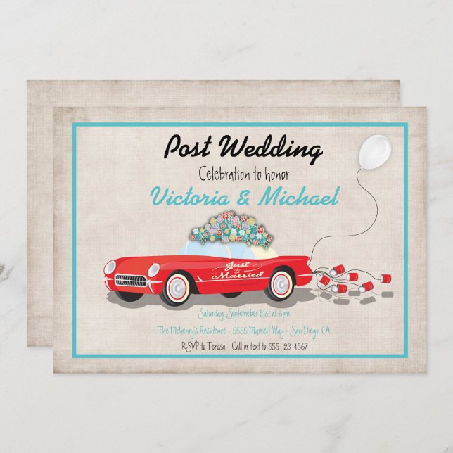 Post Mariage Retro Car Juste Marié Invitation (Devant / Derrière)
