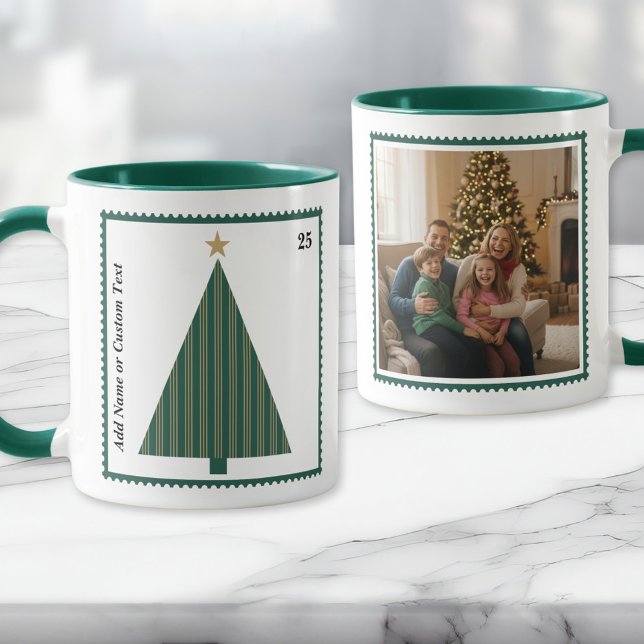 Postage Stamp Christmas Tree Custom Photo Mug (Personalized Postage Stamp Christmas Tree Photo Mug with Forest Green Accents)