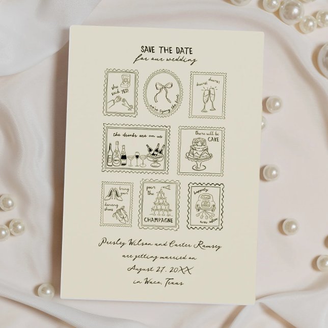 Postage Stamp Hand Drawn Save The Date Card (Créateur téléchargé)