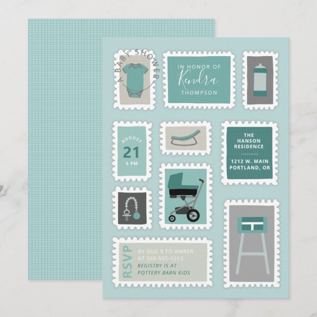 Postage Timbres avec bébé choses douche invitation (Devant / Derrière)