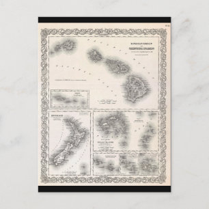 Postale 1855 Carte Colton d'Hawaï et de la Nouvelle-Zéland