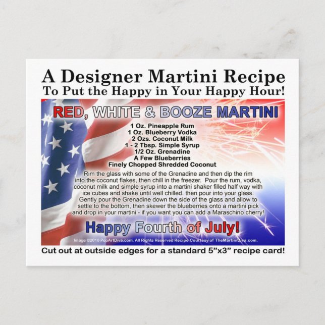 Postale 4 juillet Rouge, Blanc Booze Martini Recette Carte (Devant)