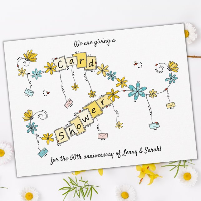 Postale 50e Anniversaire Carte Douche Whimsical Demande (50th anniversary card shower postcard)