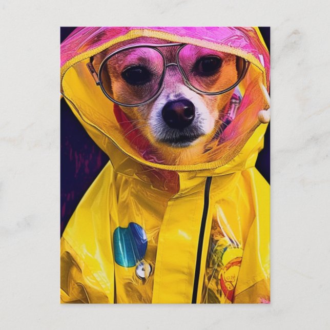 Postale Adorable Chien dans un imperméable jaune carte pos (Devant)
