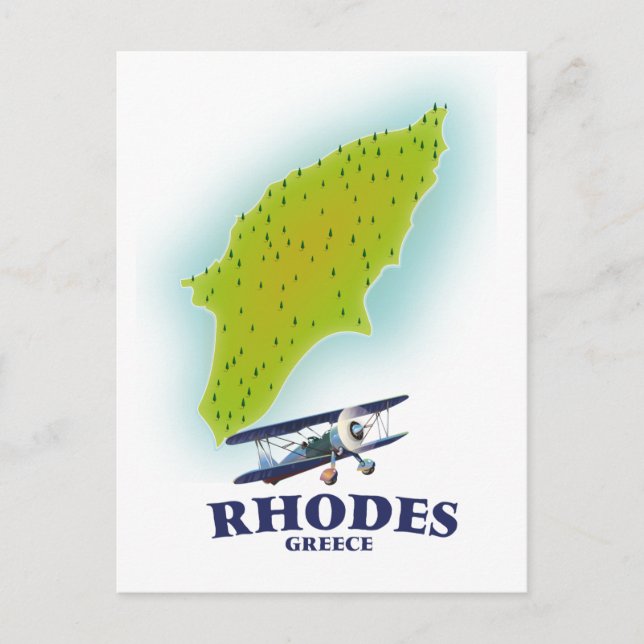 Postale Affiche de voyage carte de l'île de Rhodes, Grèce. (Devant)