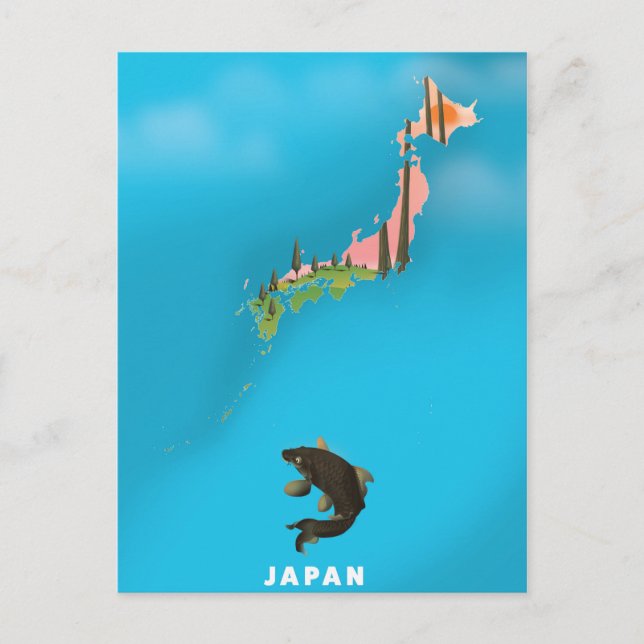 Postale Affiche de voyage carte illustrée du Japon. (Devant)