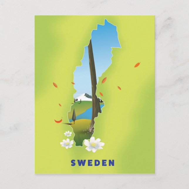Postale Affiche de voyage illustrée carte de Suède. (Devant)