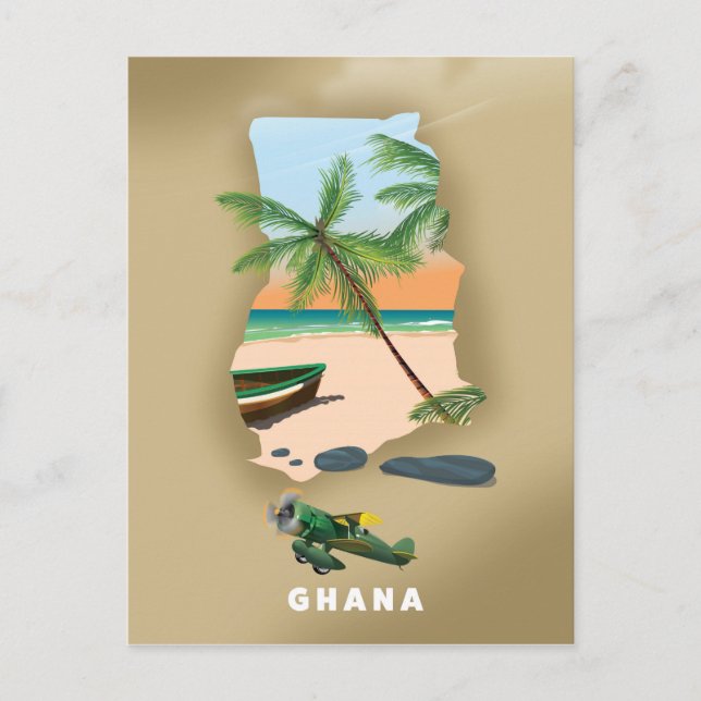 Postale Affiche de voyage illustrée de la carte du Ghana. (Devant)