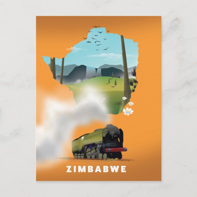 Postale Affiche de voyage illustrée de la carte du Zimbabw (Devant)