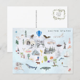Postale Amérique   Carte de l'aquarelle illustrée USA