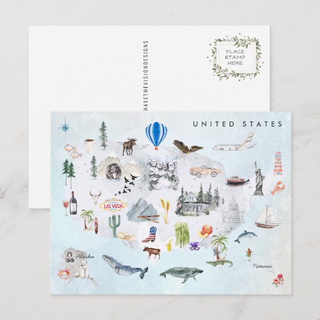 Postale Amérique | Carte de l'aquarelle illustrée USA (Devant / Derrière)