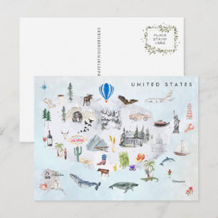 Postale Amérique   Carte illustrée aquarelle des États-Uni