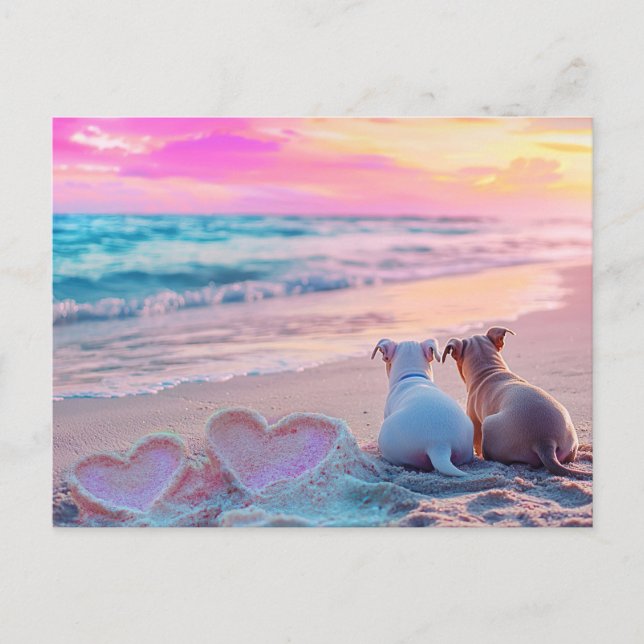Postale Amour de chien sur la plage, carte coeurs (Devant)