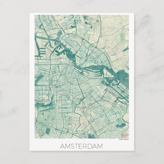 Postale Amsterdam Carte Bleue Aquarelle Vintage (Devant)