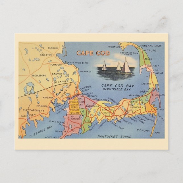Postale Ancienne carte du Cap Cod Massachusetts (Devant)