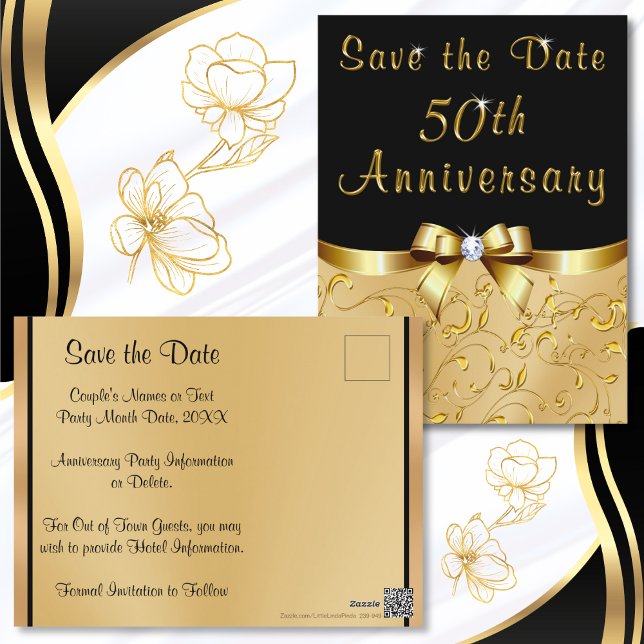 Postale Anniversaire du Mariage d'or Enregistrer les carte (Cheap, 50th anniversary Save the Date Post Cards. Black and  Gold Save the Date Post Cards. 50 year.)