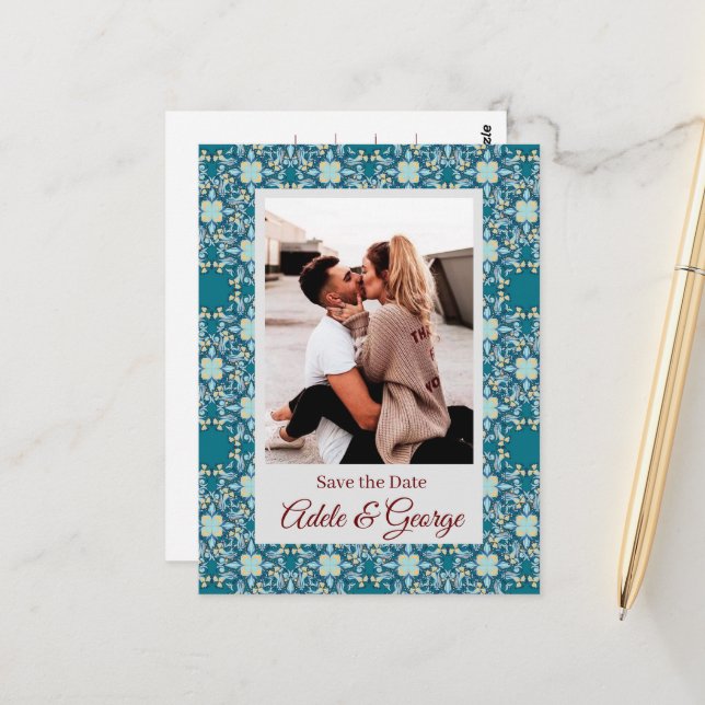 Postale Aquamarine PHOTO Mariage Enregistrer la date Carte (Devant/Arrière en situation)