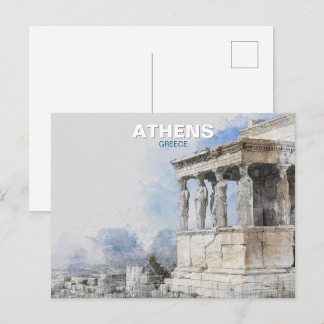 Postale Aquarelle Ancienne ruines d'Athènes Grèce Carte po (Devant / Derrière)