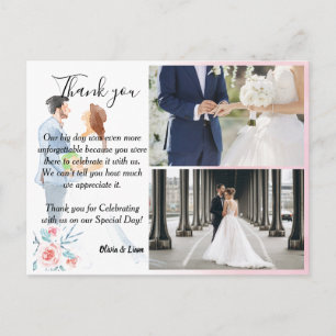 Postale Aquarelle Couple avec Mariage Rose Carte Thankyou