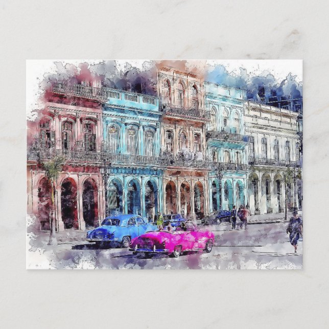 Postale Aquarelle Cuba havana voiture vintage ville carte  (Devant)