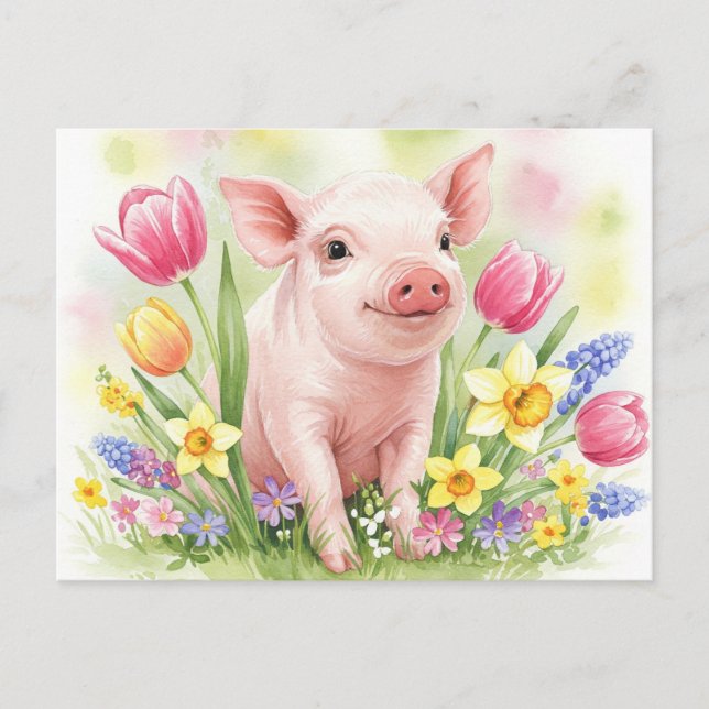 Postale Aquarelle Cute Pig Flowers Jeunes Animaux Carte po (Devant)