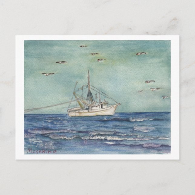 Postale Aquarelle de bateau à crevettes. Carte postale. (Devant)